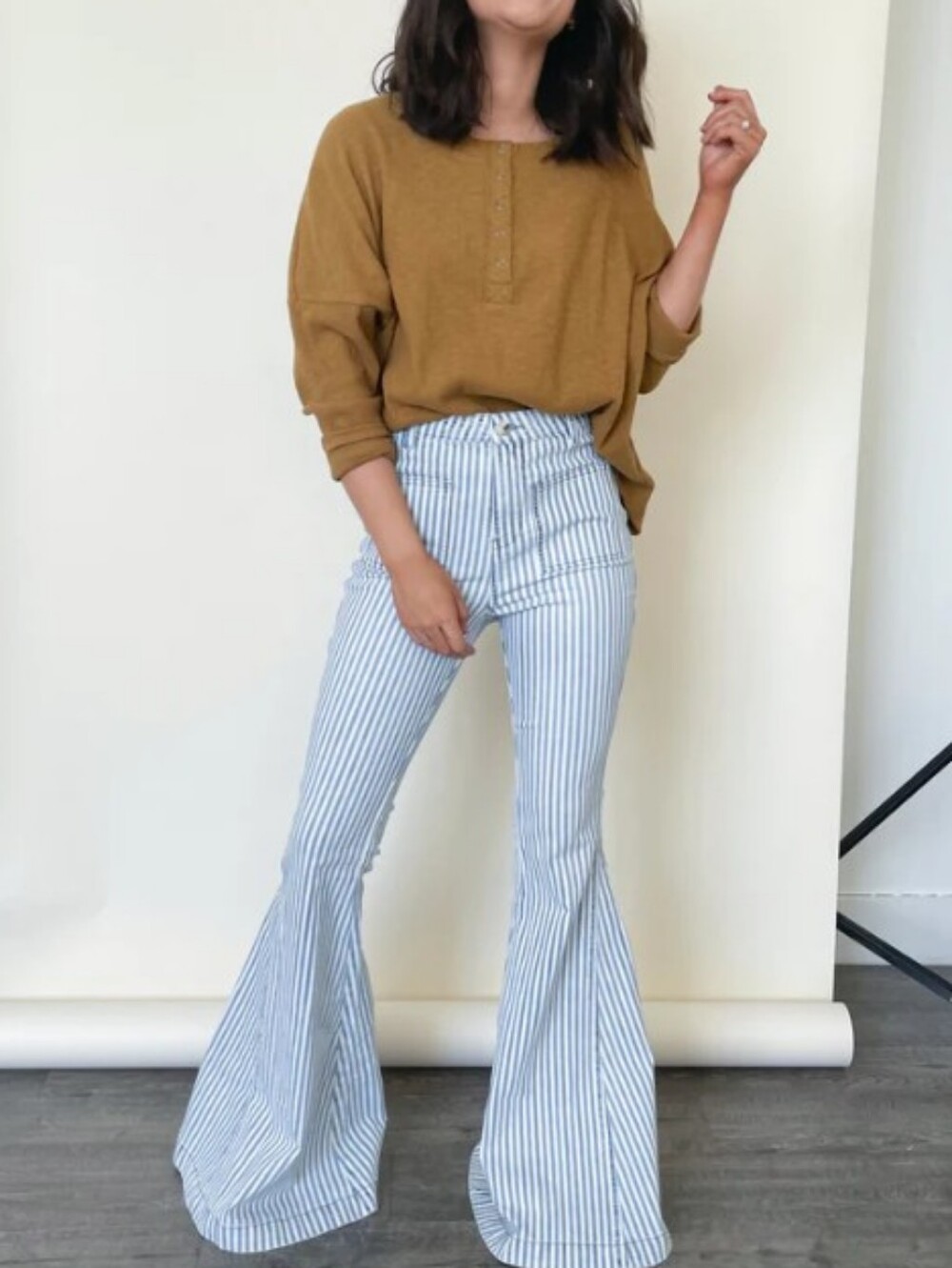NWT Retro By Together Sz Small Striped Hi Waist Stretch Flared Jeans  Blue/White - Picture 2 of 4